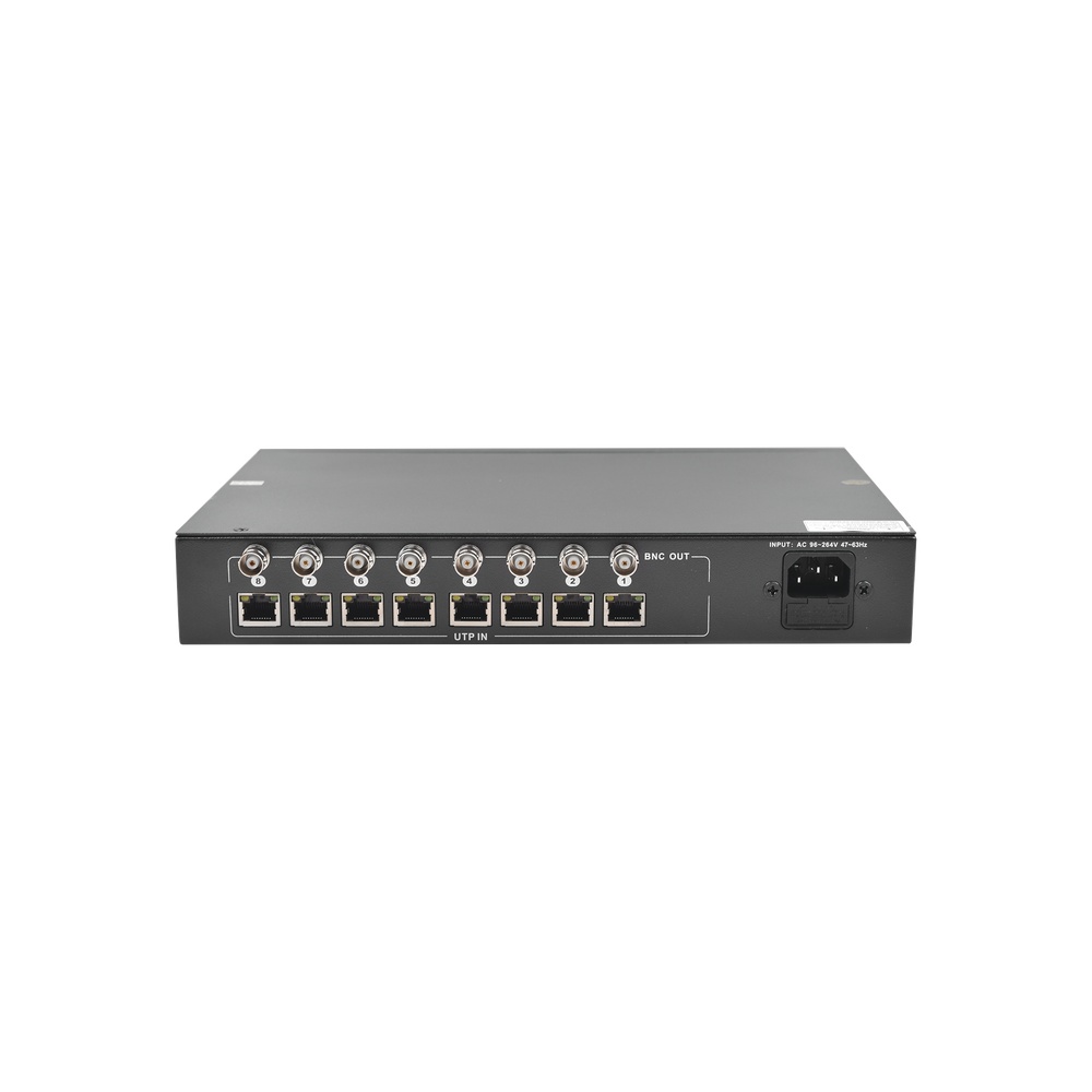 8-CHANNEL ACTIVE TRANSCEIVER KIT / VIDEO + POWER in a single UTP Cable / 150 meters in 4K, 200 meters in 5 MP / Sends 36 Vdc and Receives 12 Vdc / ALL INCLUSIVE FOR RACK / Compatible with HD-TVI / CVI / AHD / CVBS cameras / CLEAN INSTALLATION