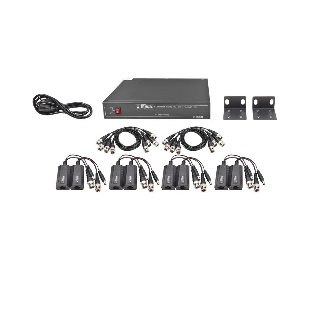 Kit de TRANSCEPTOR ACTIVO DE 8 CANALES / VIDEO+PODER en un solo Cable UTP / 150 metros en 4K, 200 metros en 5 MP/ Envía 36 Vcc y Recibe 12 Vcc / TODO INCLUIDO PARA RACK / Compatible con cámaras HD-TVI/CVI/AHD/CVBS / INSTALACIÓN LIMPIA