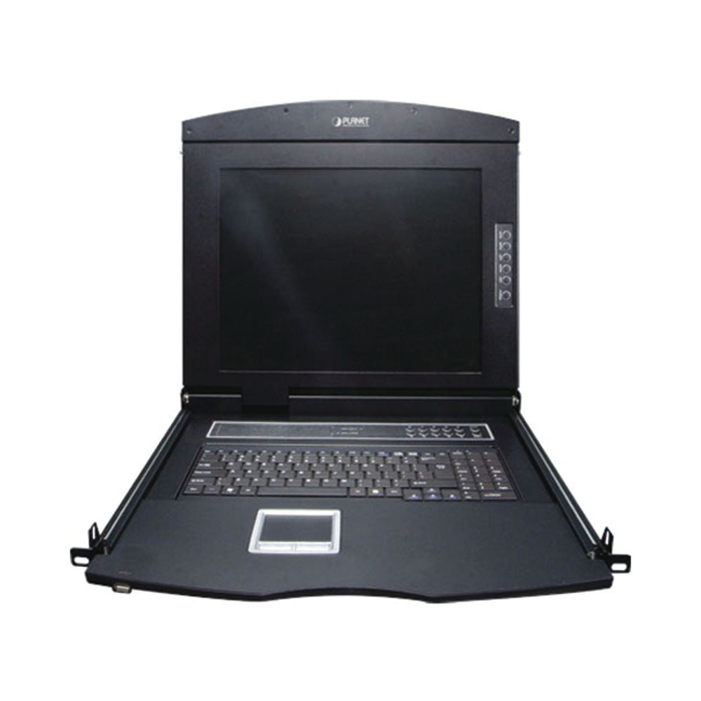 17" Monitor KVM Switch with Keyboard and Trackpad for 1U Four-Post Rackmount, 8 VGA Ports to Access and Control Up to 8 Computers from a Single Console