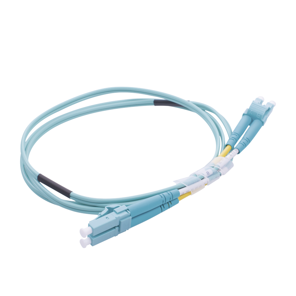 Jumper de Fibra Óptica Multimodo OM4 50/125 LC-LC OFNR (Riser), 2.0 mm, Dúplex, Aqua, 1 metro