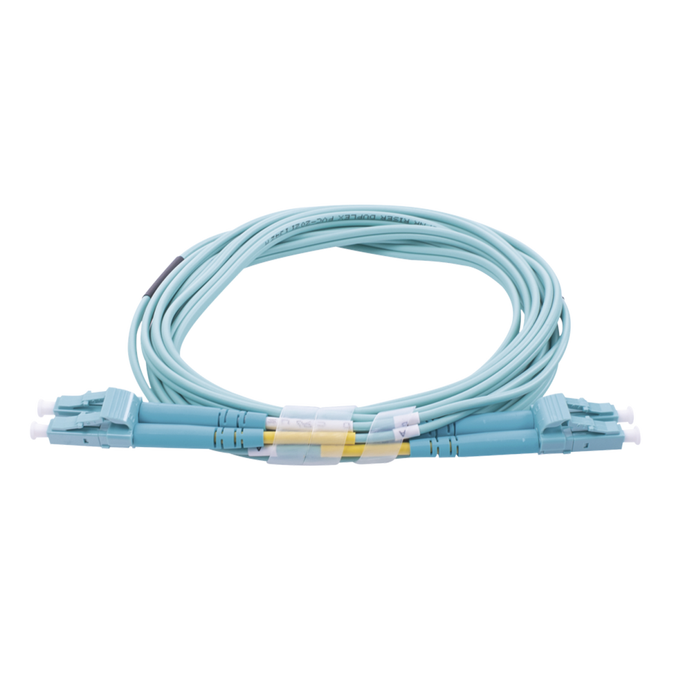 Jumper de Fibra Óptica Multimodo OM4 50/125 LC-LC OFNR (Riser), 2.0 mm, Dúplex, Aqua, 3 metros