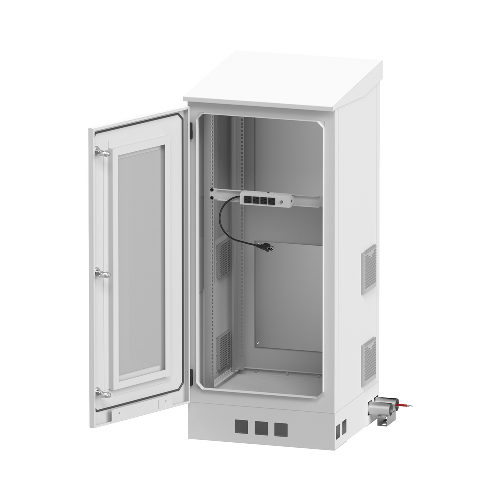 Gabinete de Piso para Exterior con Ventiladores y Termostato con Rack de 19" de 16 U + Espacio para Baterías.