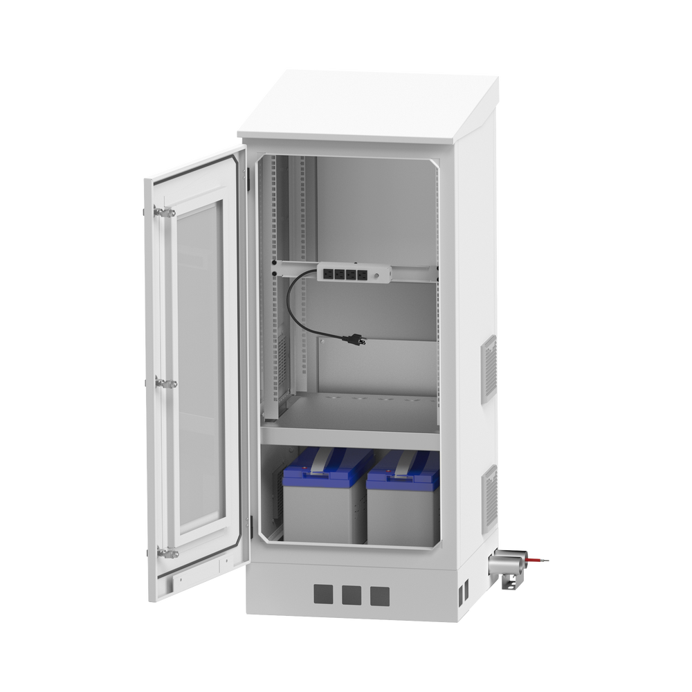 Gabinete de Piso para Exterior con Ventiladores y Termostato con Rack de 19" de 16 U + Espacio para Baterías.