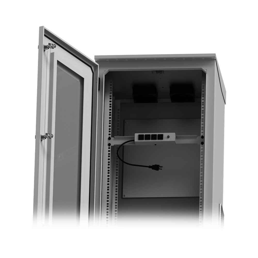 Gabinete de Piso para Exterior con Ventiladores y Termostato con Rack de 19" de 16 U + Espacio para Baterías.