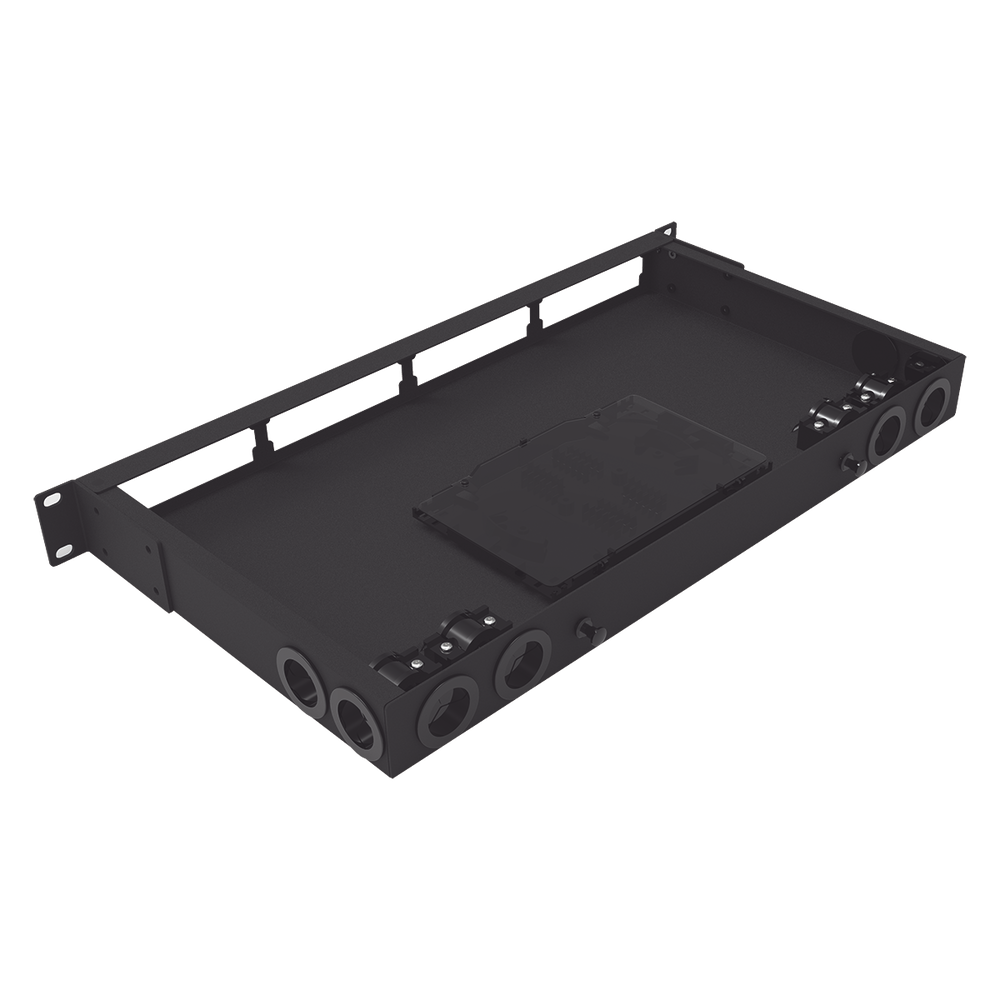 Distribuidor de fibra óptica vacio 19in, Acepta 4 placas Acopladoras de Linkedpro, hasta 48 fibras, 1UR, Incluye charola de empalme
