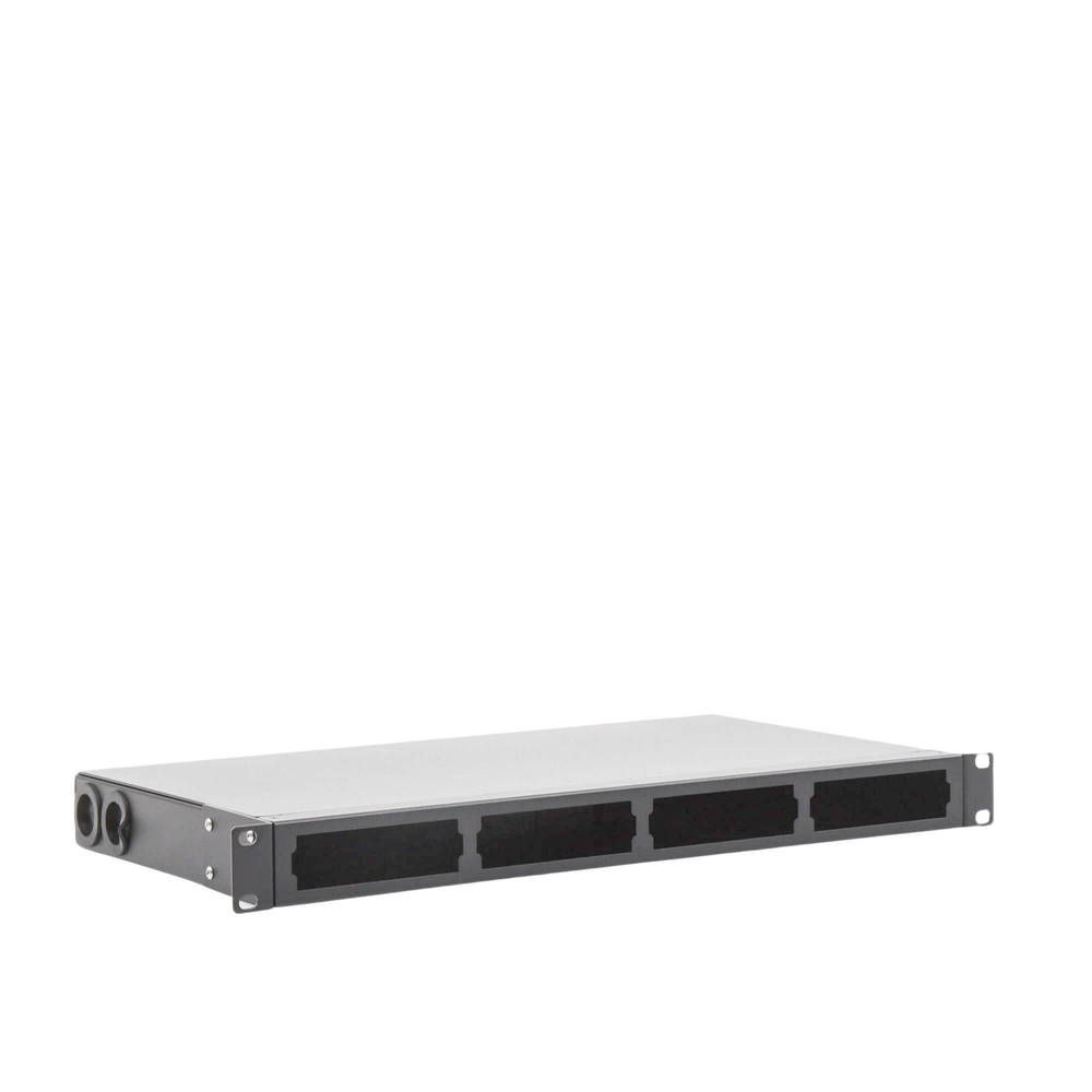 Distribuidor de fibra óptica vacio 19in, Acepta 4 placas Acopladoras de Linkedpro, hasta 48 fibras, 1UR, Incluye charola de empalme