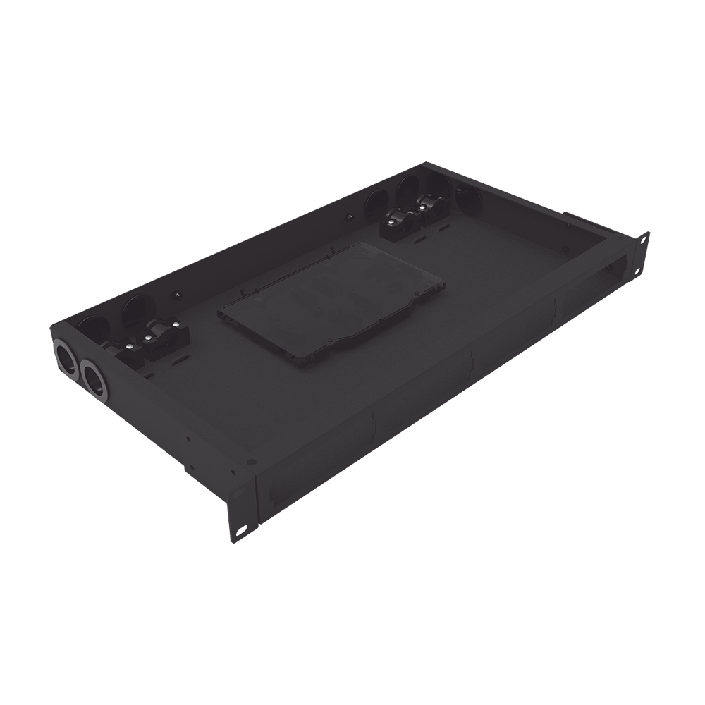 Distribuidor de fibra óptica vacio 19in, Acepta 4 placas Acopladoras de Linkedpro, hasta 48 fibras, 1UR, Incluye charola de empalme