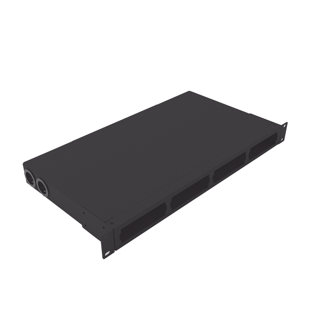 Distribuidor de fibra óptica vacio 19in, Acepta 4 placas Acopladoras de Linkedpro, hasta 48 fibras, 1UR, Incluye charola de empalme