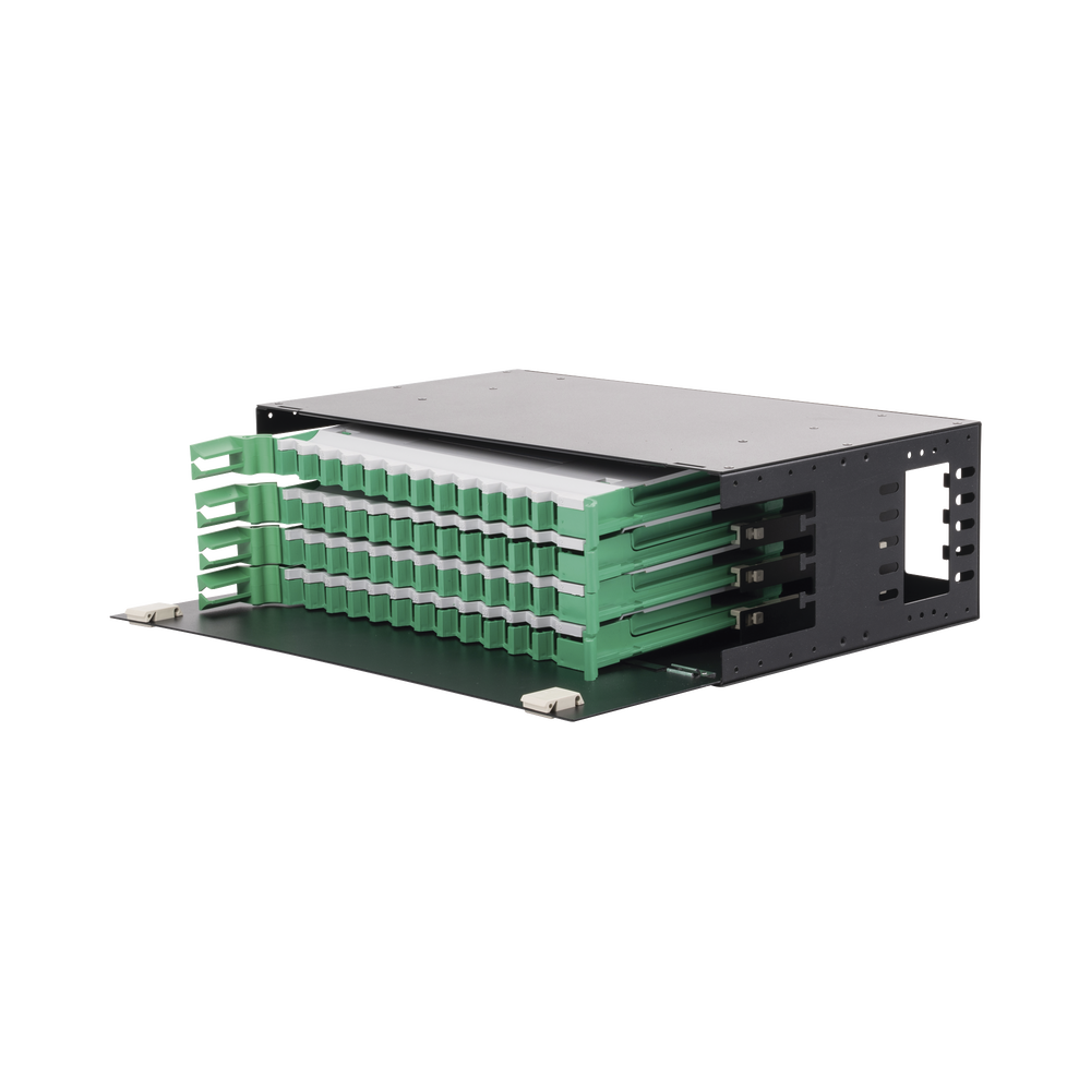 Fiber Optic Distributor with sliding trays, empty, 19in, accepts 48 "LC Duplex" or "LC Simplex" or 48 "SC" Simplex adapters, 3U