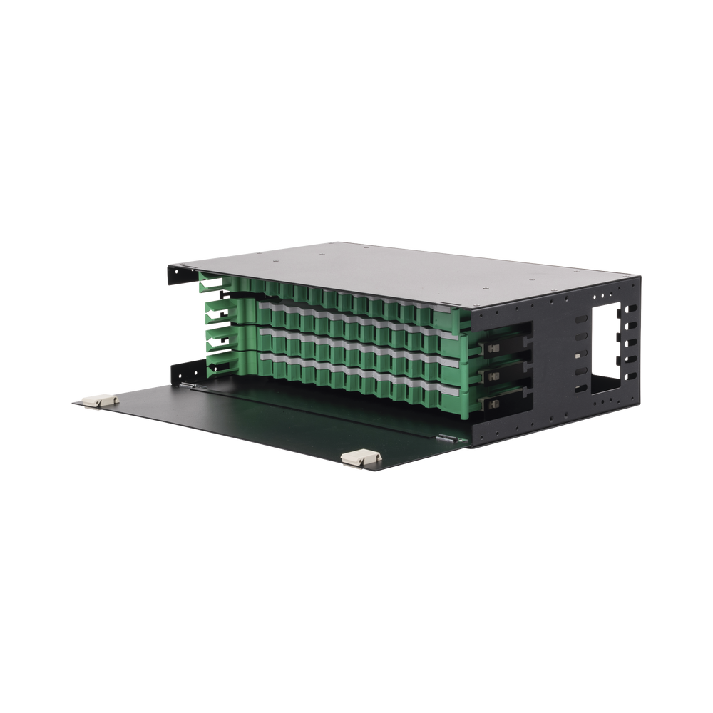Fiber Optic Distributor with sliding trays, empty, 19in, accepts 48 "LC Duplex" or "LC Simplex" or 48 "SC" Simplex adapters, 3U
