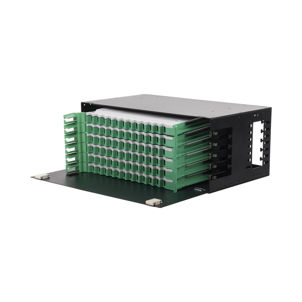Distribuidor de Fibra Óptica con bandejas deslizables, vacío, 19in, acepta 72 adaptadores "LC Duplex" o "LC Simplex" o 72 "SC" Simplex, 4U