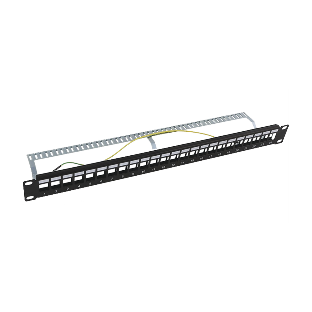 Patch panel modular Blindado (STP) de 24 puertos, con barra para organizar cable