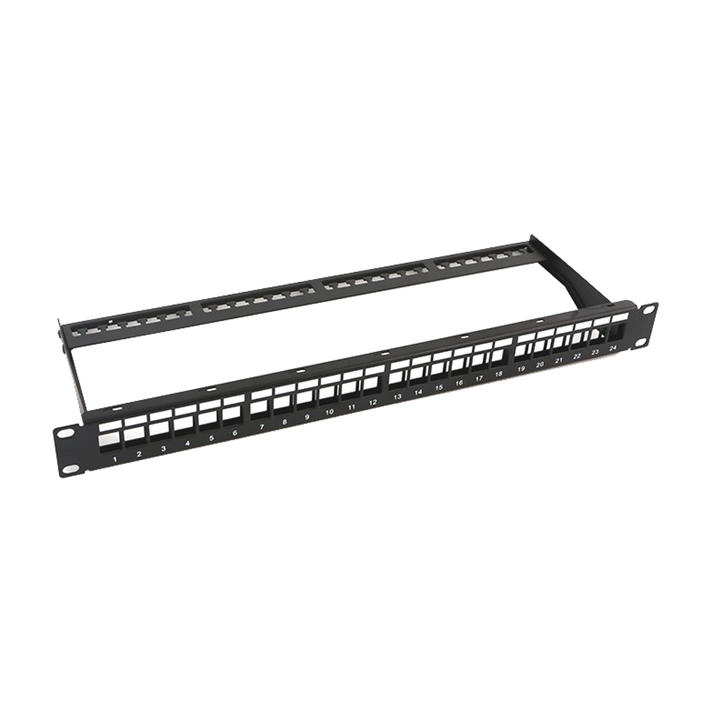 Patch panel modular sin blindaje de 24 puertos, 1U, con barra para organizar cable