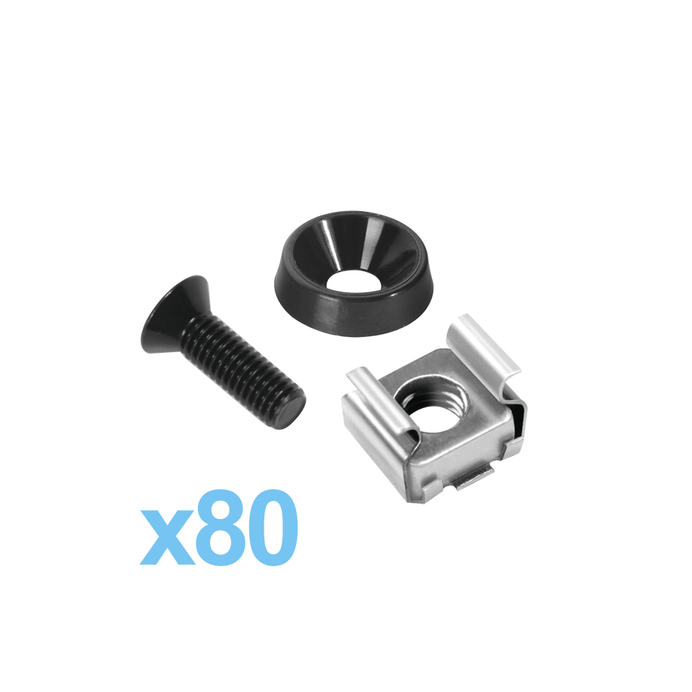 Kit de 80 tornillos con arandela y tuerca enjaulada para rack.