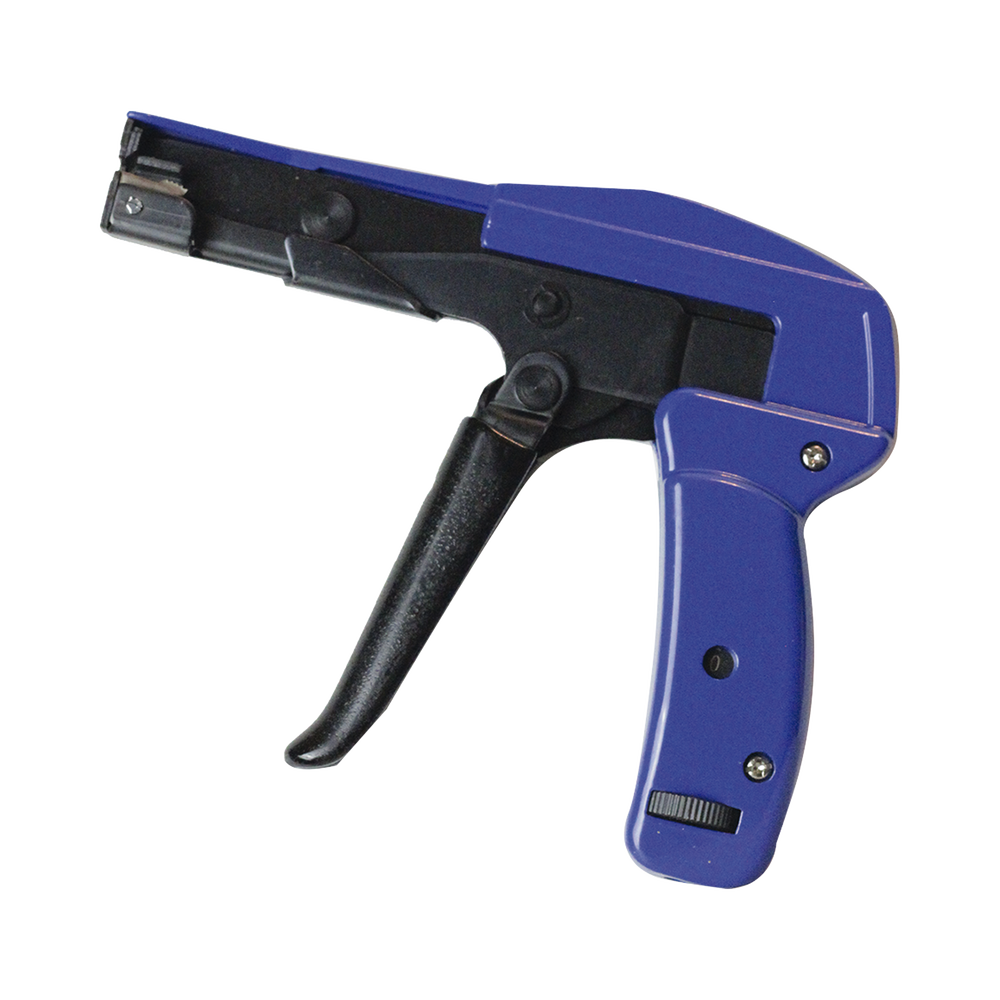 Gun for installing plastic straps with controlled tension and automatic cutting