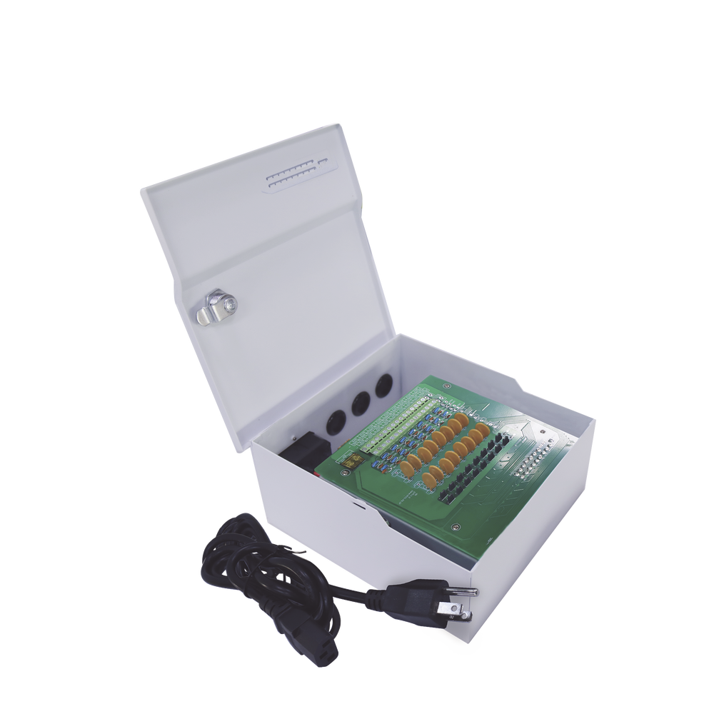 Professional 12V DC @ 16A power supply / for 16 cameras / With battery backup capability / Requires battery / 96-264V AC input voltage