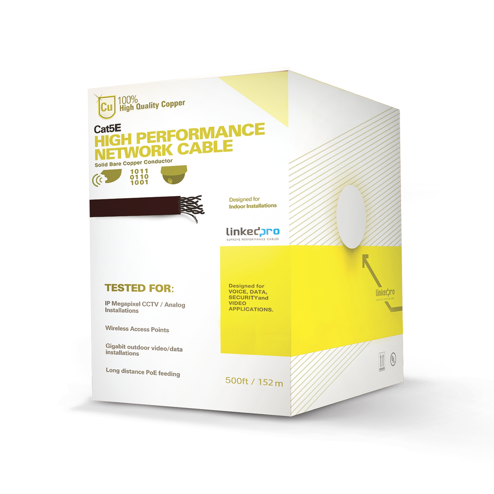 High-performance Cat5e cable, ETL and UL certified, with a 25-year warranty, 500 ft (152.5 m), white, for CCTV and data network applications. Indoor use.