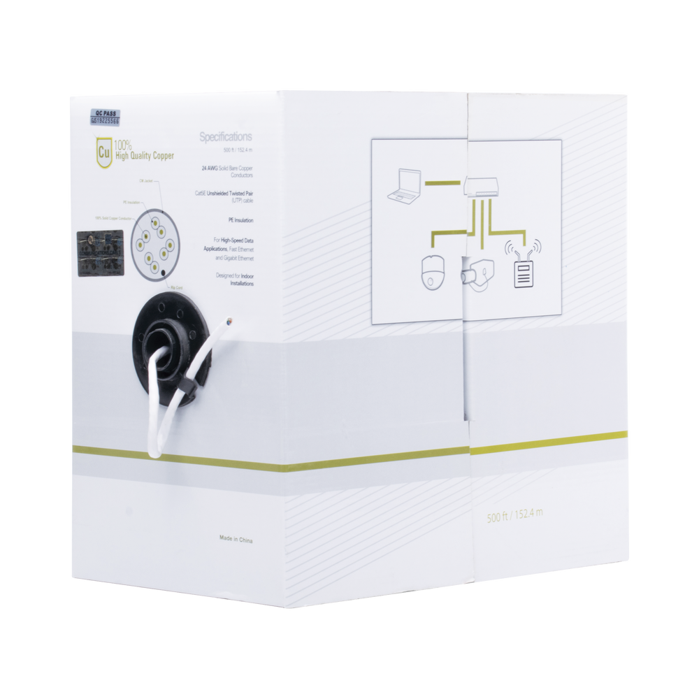 High-performance Cat5e cable, ETL and UL certified, with a 25-year warranty, 500 ft (152.5 m), white, for CCTV and data network applications. Indoor use.