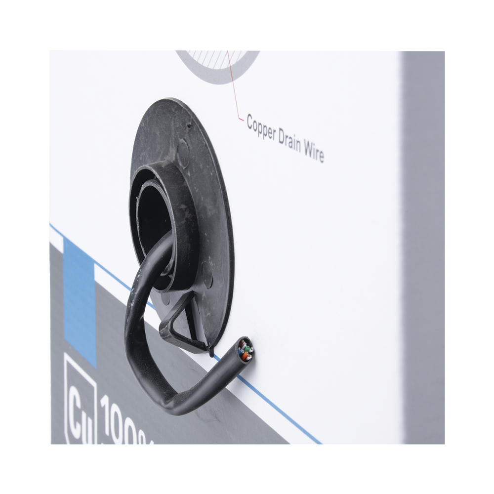 305m Cat5e FTP shielded cable reel, black, UL listed, for CCTV and data network applications. Outdoor use.