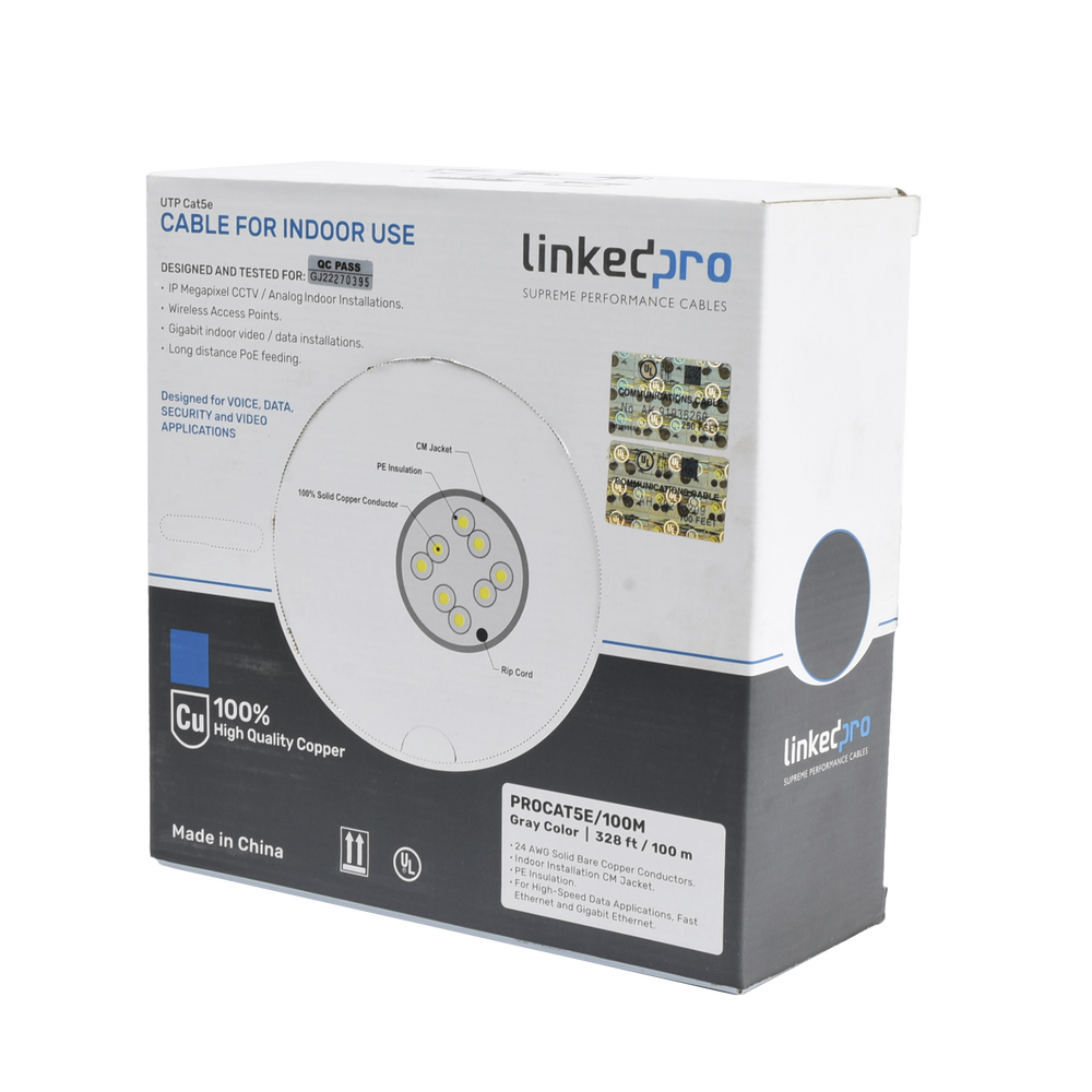High-performance, ETL and UL-listed, 25-year warranty, gray Cat5e cable, 100 m (328 ft), for CCTV and data network applications. Indoor use.