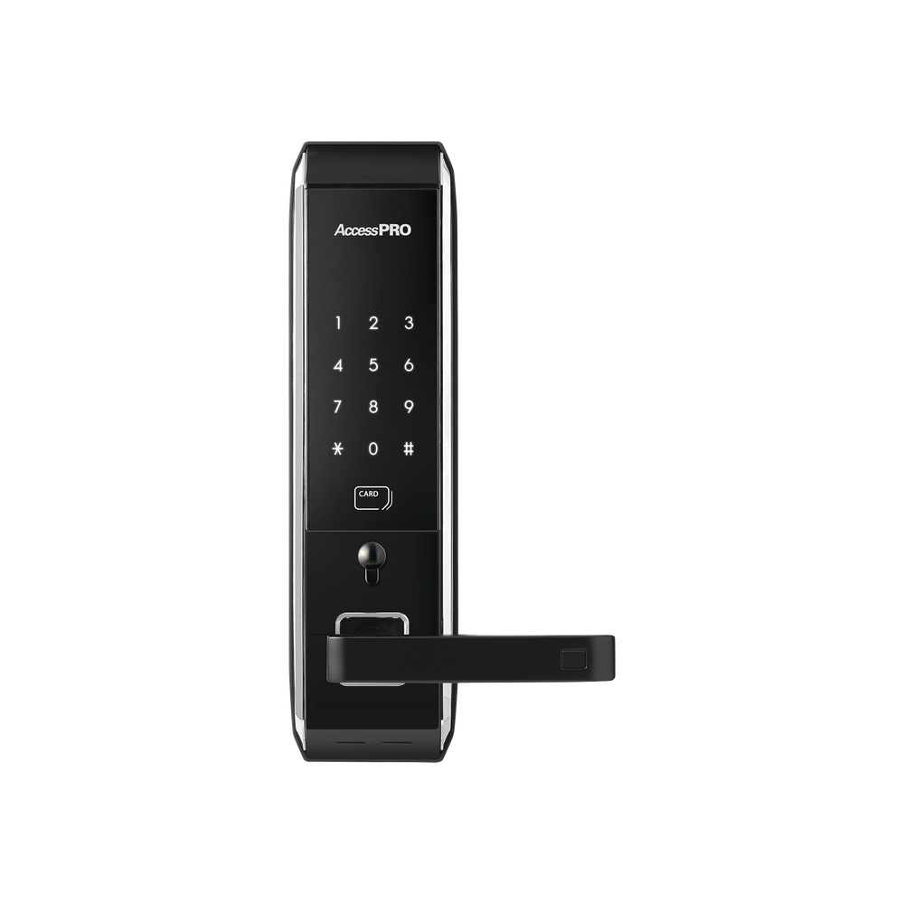 Smart door lock with double deadbolt/touch screen keypad, opening with Mifare card/password and emergency key