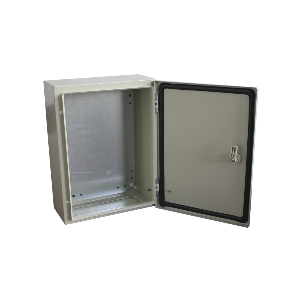 Gabinete de Acero IP66 Uso en Intemperie (300 x 400 x 200 mm) con Placa Trasera Interior y Compuerta Inferior Atornillable (Incluye Chapa y Llave).
