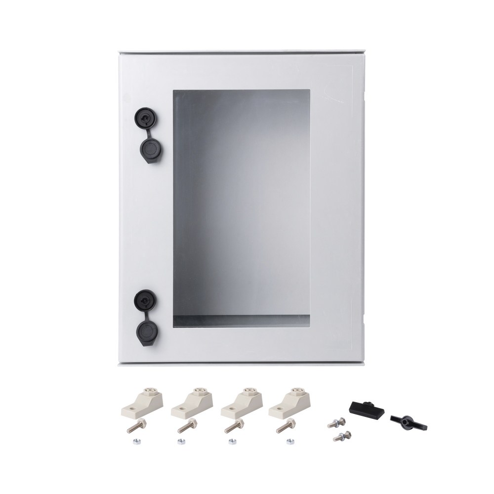 IP65 Polyester Cabinet with Transparent Door, Outdoor Use (400 x 500 x 200 mm) with Inner Back Plate (Includes Key and Plate).