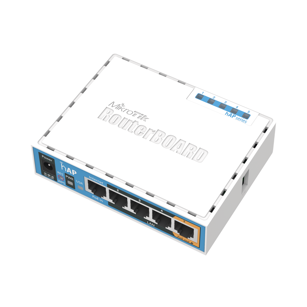 (hAP) 4 Puertos Fast Ethernet y Wi-Fi 2.4 GHz 802.11 b/g/n, Puerto USB, PoE in/out