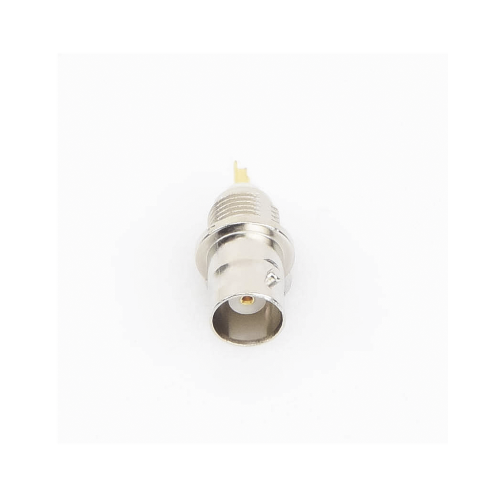 Front Mount D-Flat BNC Female Connector, Solderable, Lock Washer, Nickel/Gold/Delrin.