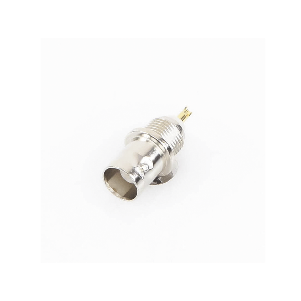 Front Mount D-Flat BNC Female Connector, Solderable, Lock Washer, Nickel/Gold/Delrin.