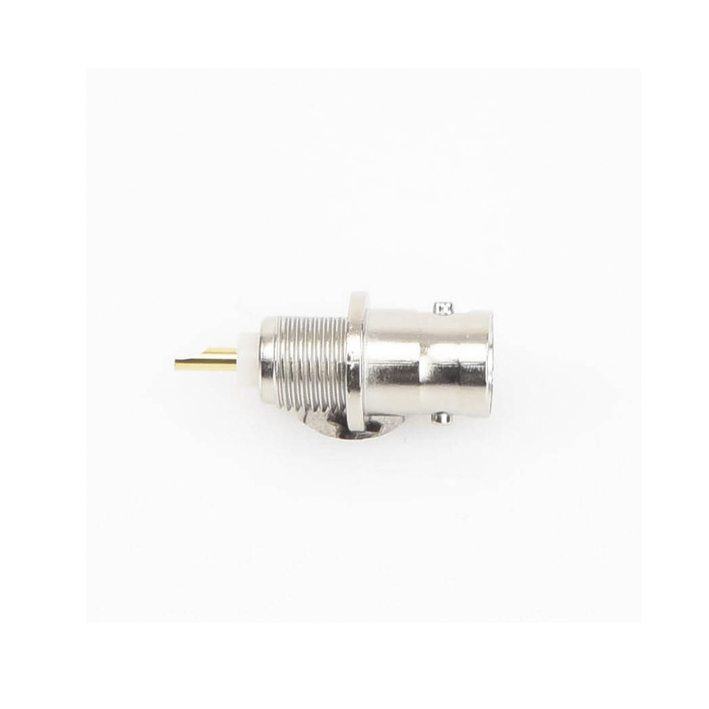 Front Mount D-Flat BNC Female Connector, Solderable, Lock Washer, Nickel/Gold/Delrin.