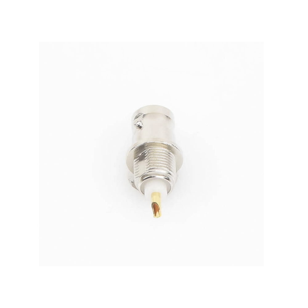 Front Mount D-Flat BNC Female Connector, Solderable, Lock Washer, Nickel/Gold/Delrin.