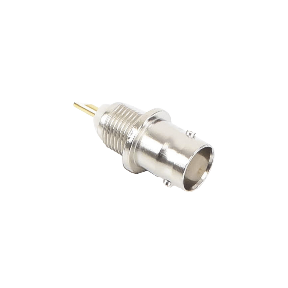 Conector BNC Hembra de Montaje Frontal D-Plano, Soldable, Rondana de Seguridad, Níquel/ Oro/ Delrin.