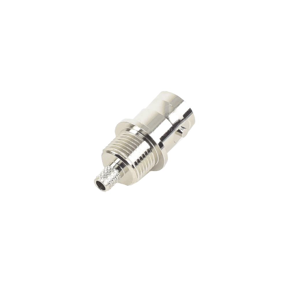 BNC Female Connector to 50 Ohm, D-Flat Front Mount, Folding Ring for RG-174/U and RG-316/U Cables, Nickel/Gold/Teflon.