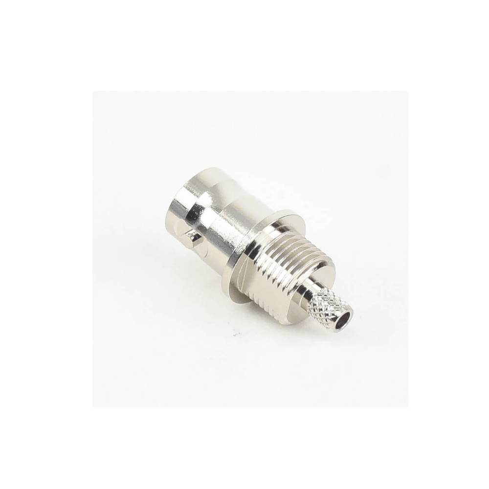 BNC Female Connector to 50 Ohm, D-Flat Front Mount, Folding Ring for RG-174/U and RG-316/U Cables, Nickel/Gold/Teflon.