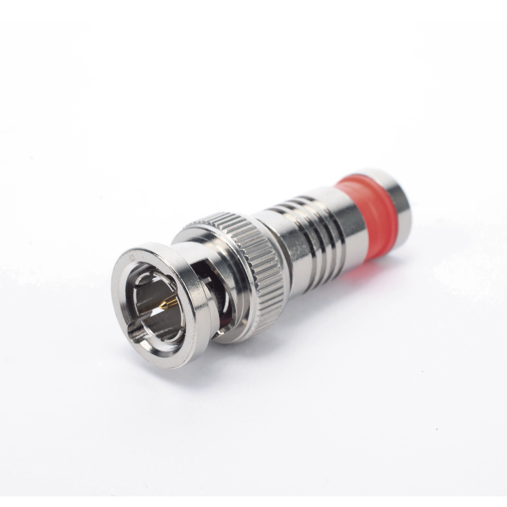 BNC Male Connector in 75 Ohm, Axial Compression Mount for RG-6/U Coaxial Cable, Nickel/Gold/Teflon.
