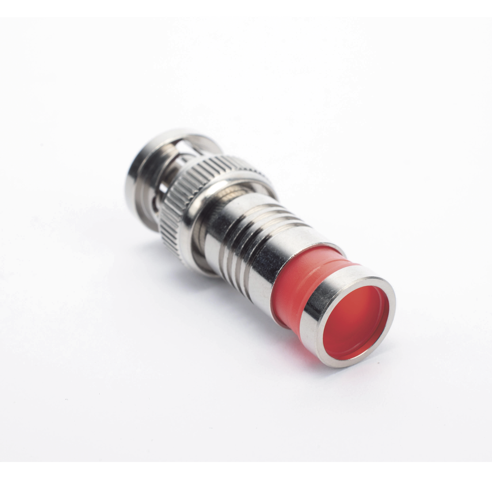 BNC Male Connector in 75 Ohm, Axial Compression Mount for RG-6/U Coaxial Cable, Nickel/Gold/Teflon.