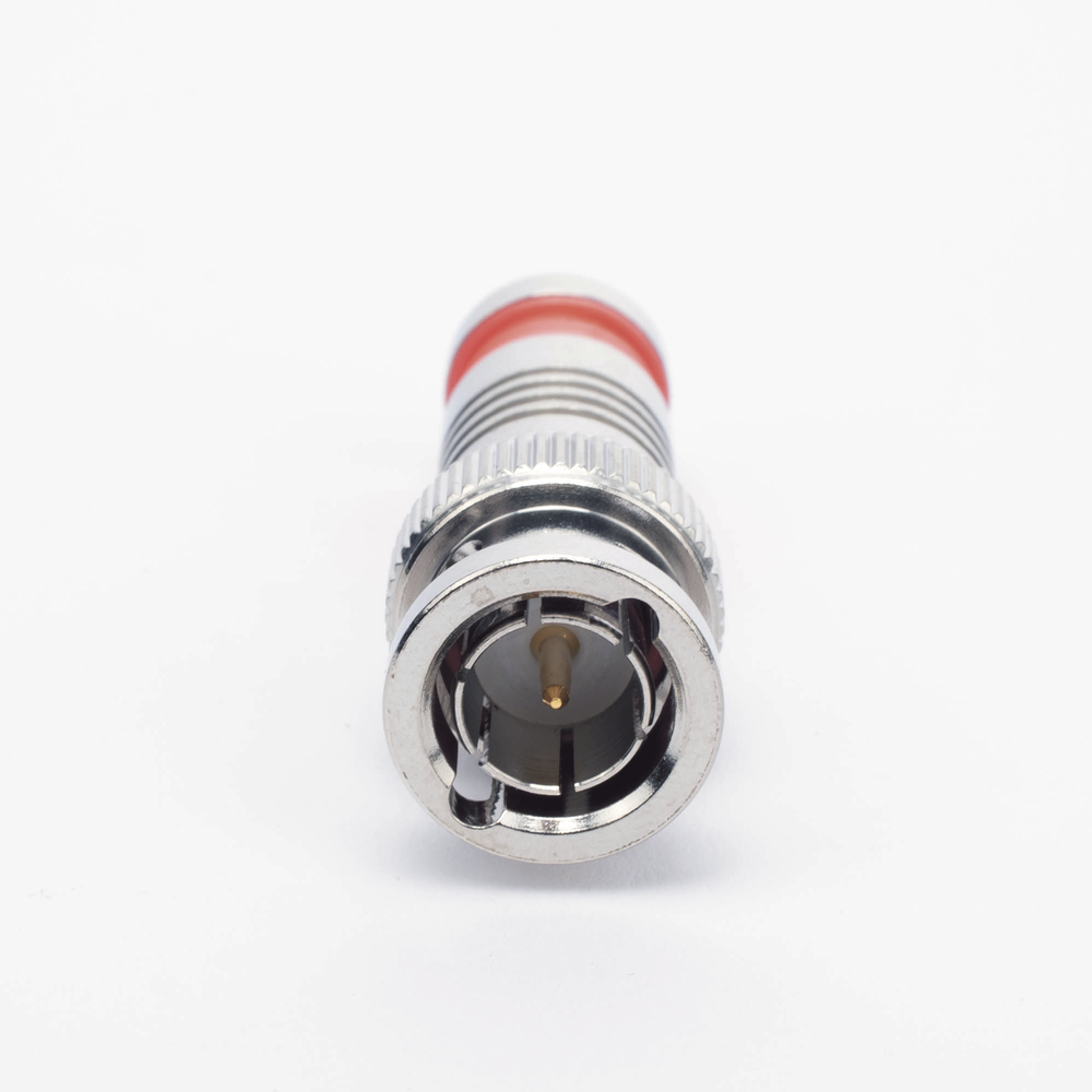 BNC Male Connector in 75 Ohm, Axial Compression Mount for RG-6/U Coaxial Cable, Nickel/Gold/Teflon.