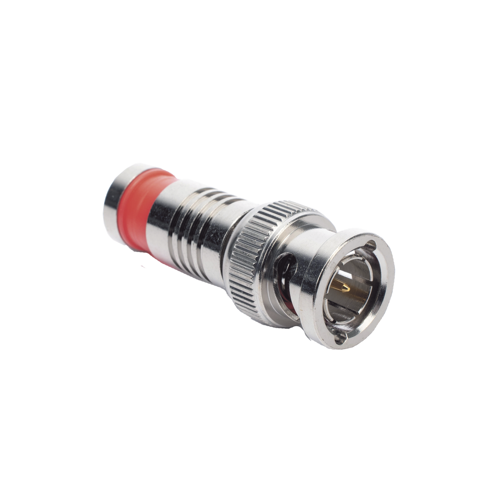 Conector BNC Macho en 75 Ohm, Montaje de Compresión Axial para Cable Coaxial RG-6/U, Níquel/ Oro/ Teflón.