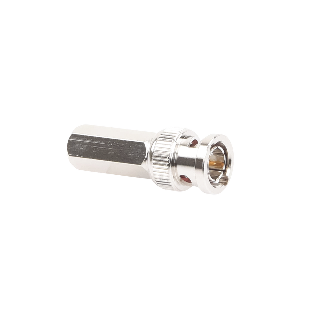 Conector BNC Macho de Ensamble Roscable (Hex.) en Sentido de las Manecillas de Reloj para Cable Coaxial RG-59/U, Níquel/ Oro/ Delrin.