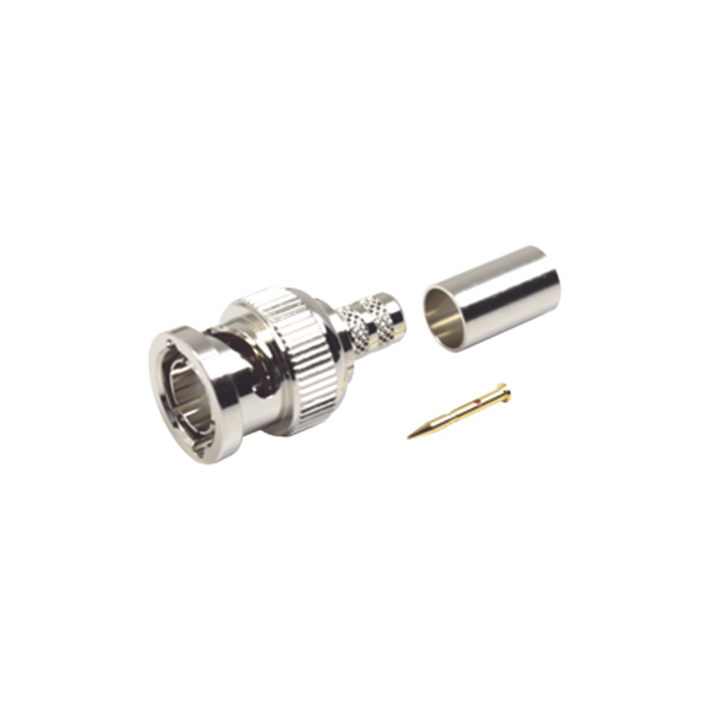 Conector BNC Macho en 75 Ohm, Anillo Plegable para Coaxial 8279, RG-59/U, Níquel/ Oro/ Teflón.