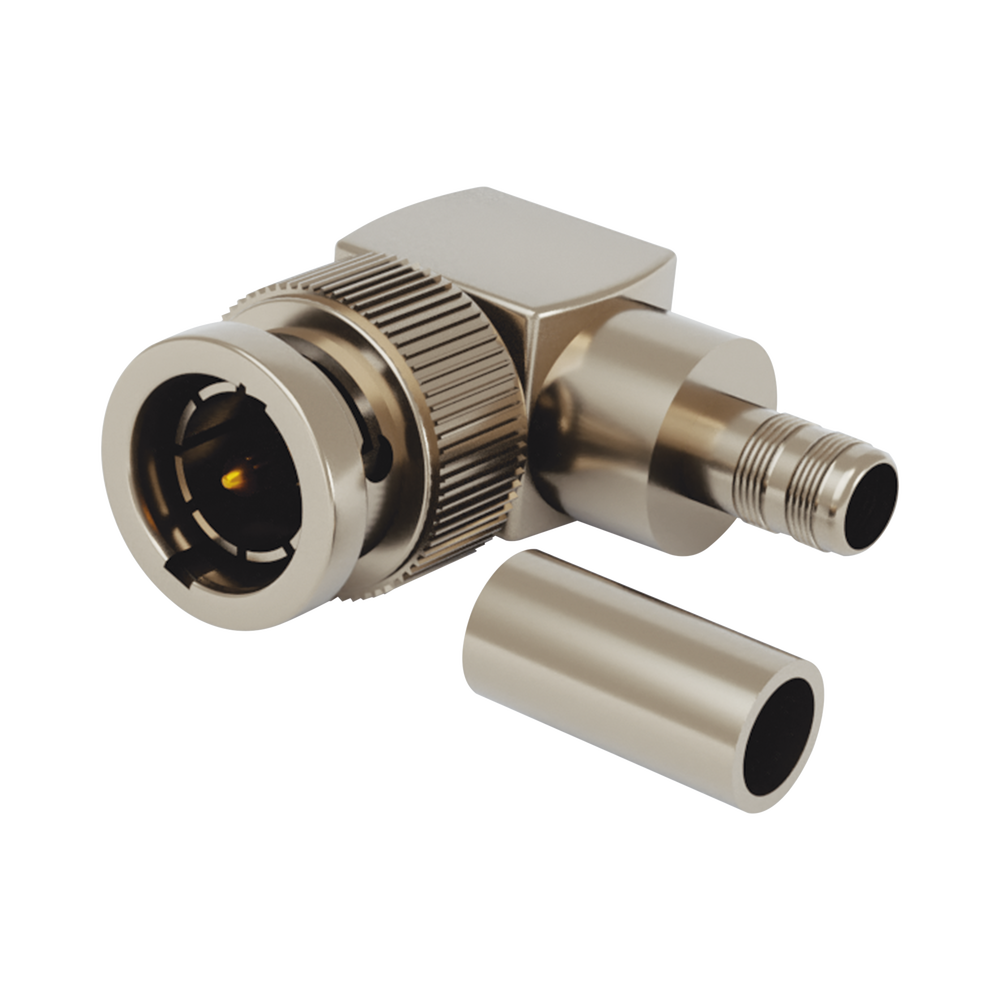 Conector BNC Macho en Ángulo Recto para 75 Ohm, Anillo Plegable para COMMSCOPE 735 ó Grupo K, Níquel/ Oro/ Teflón.