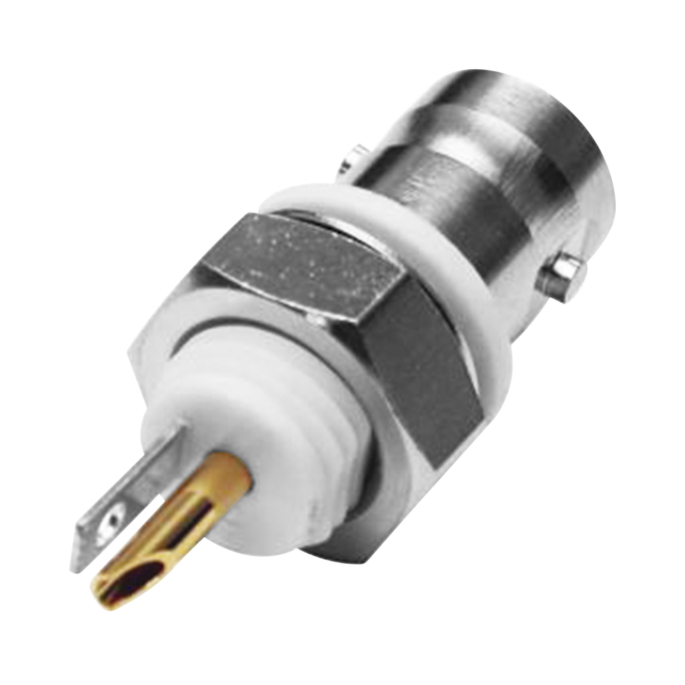 Conector BNC Hembra Aislado para Montaje en Panel Frontal en D-Plano, Soldable para Grupo I, Níquel/ Oro/ Teflón.
