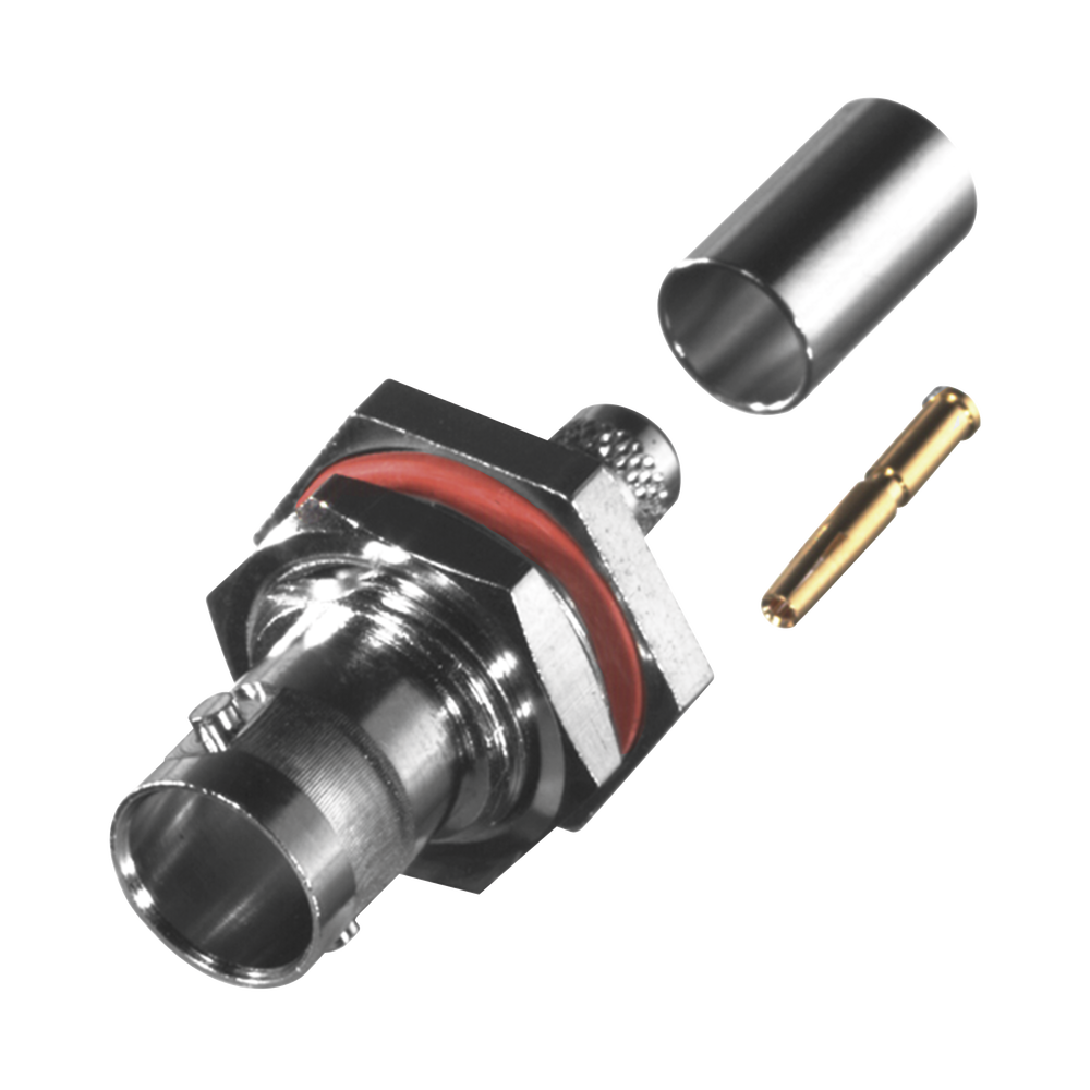 Conector BNC Hembra para Chasis en D-Plano con Aro de Goma, Anillo Plegable para RG-59/U, Grupo D, 75 Ohm, Níquel/ Oro/ Delrin