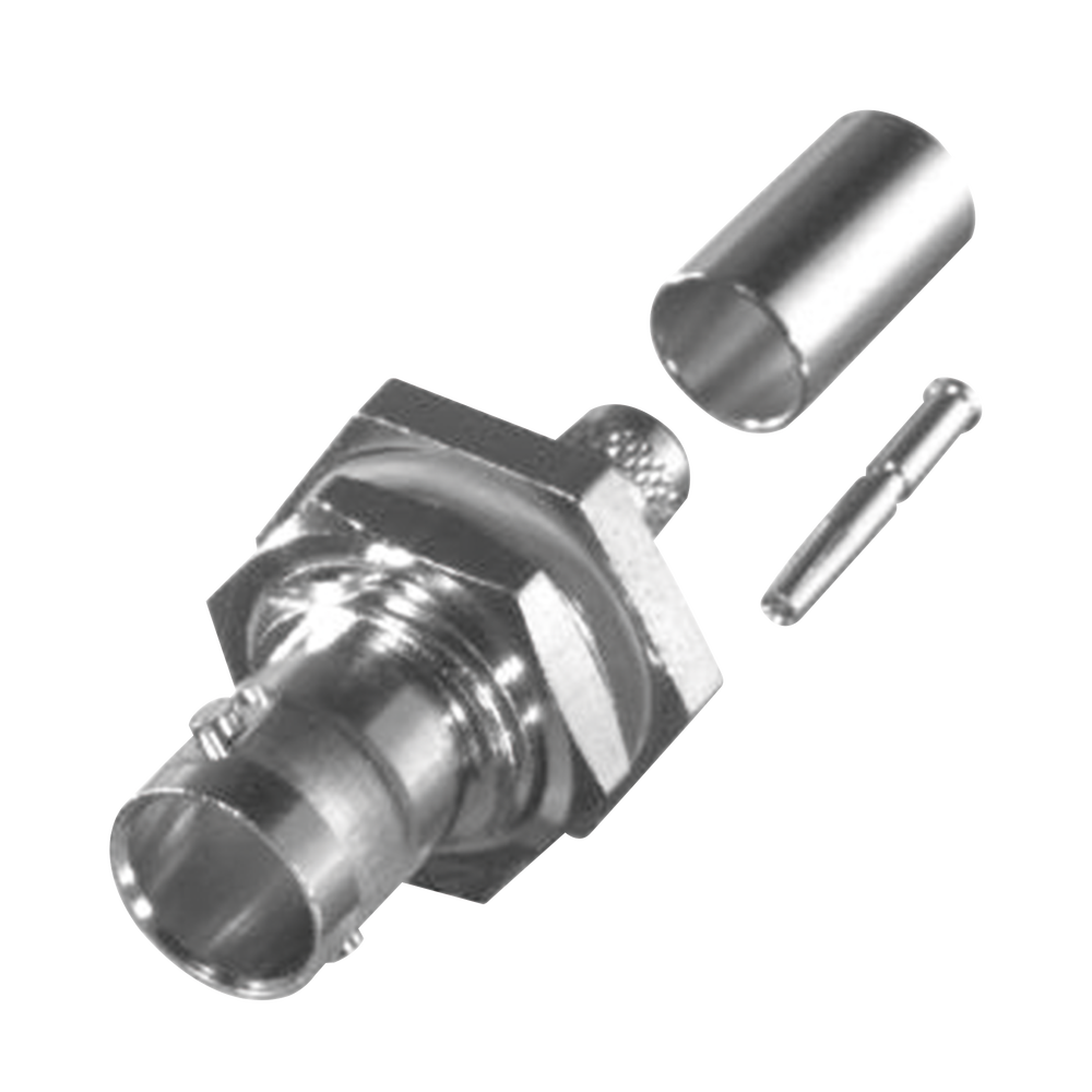 Conector BNC Hembra para Chasis en D-Plano con Aro de Goma, Anillo Plegable para RG-179/U, Grupo S, 75 Ohm, Níquel/ Oro/ Teflón.
