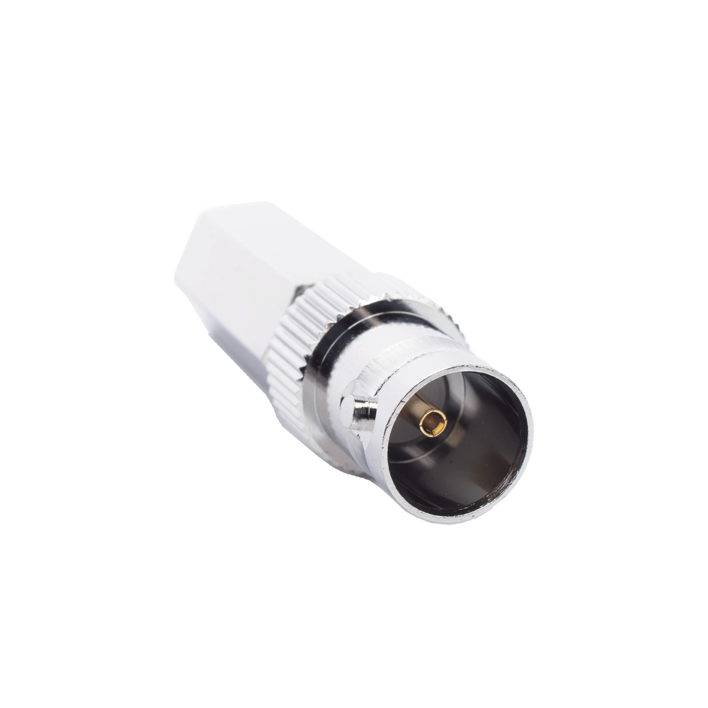 Conector BNC Hembra en 75 Ohm, Tipo Roscable para cable Coaxial RG-59/U, Níquel/ Plata/ Delrin.