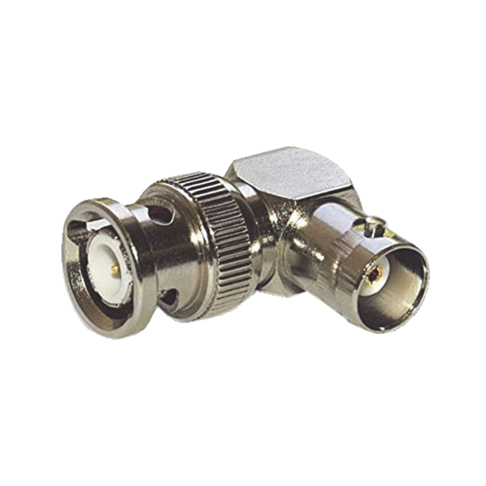 Adaptador en Ángulo Recto para 75 Ohm, de Conector BNC Macho a BNC Hembra (Monitor), Níquel/ Oro/ Teflón.
