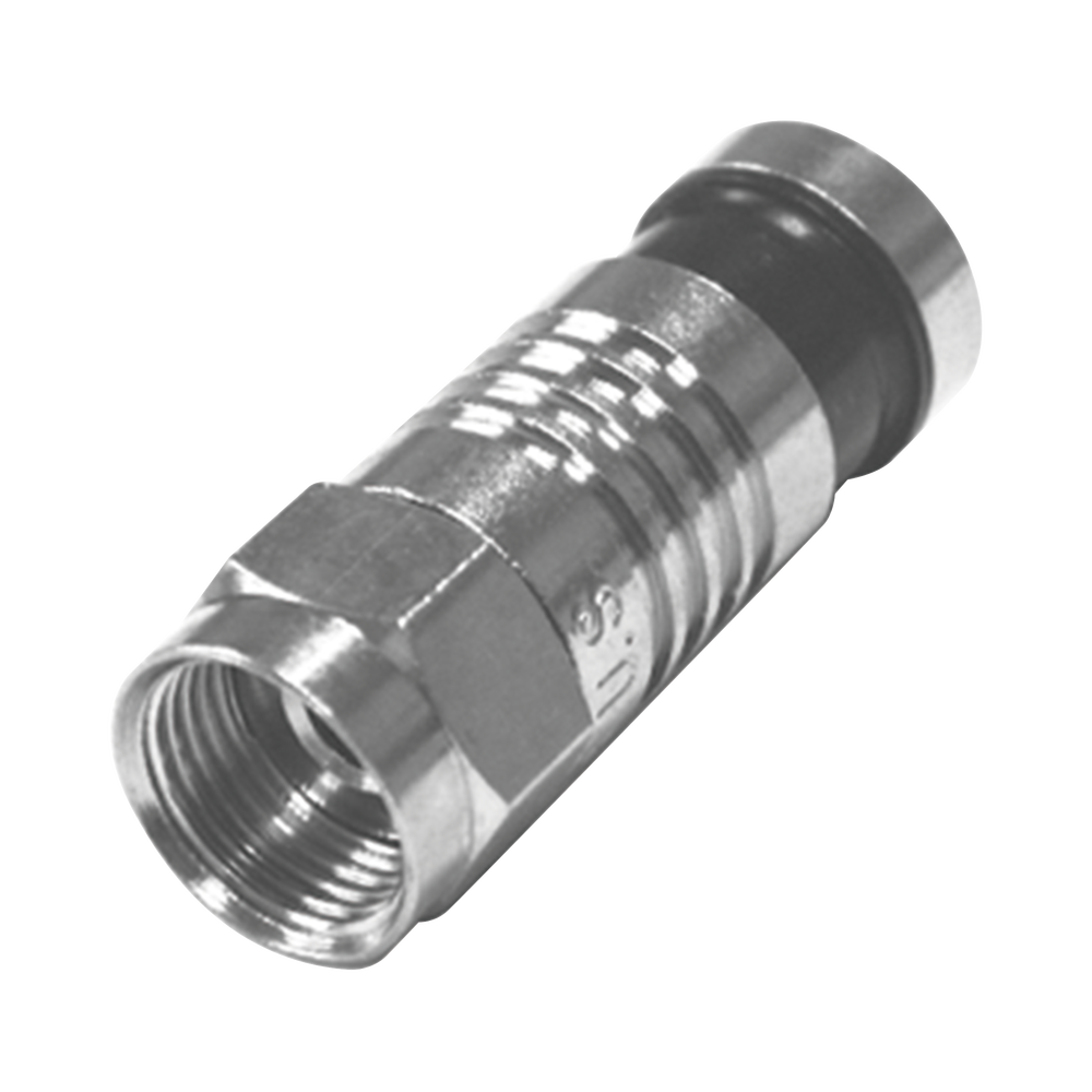 Conector F Macho Plegado Axial por Compresión para RG-59/U, Cuerpo en Níquel y Banda Negra.