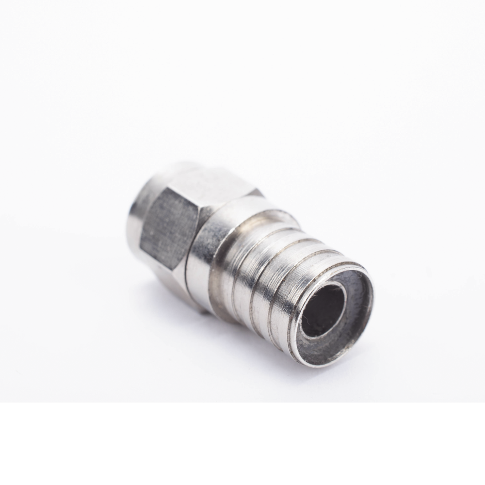 F Male Connector, 75 Ohm, Foldable for RG-6/U Cable without pin, Nickel/Polyethylene.