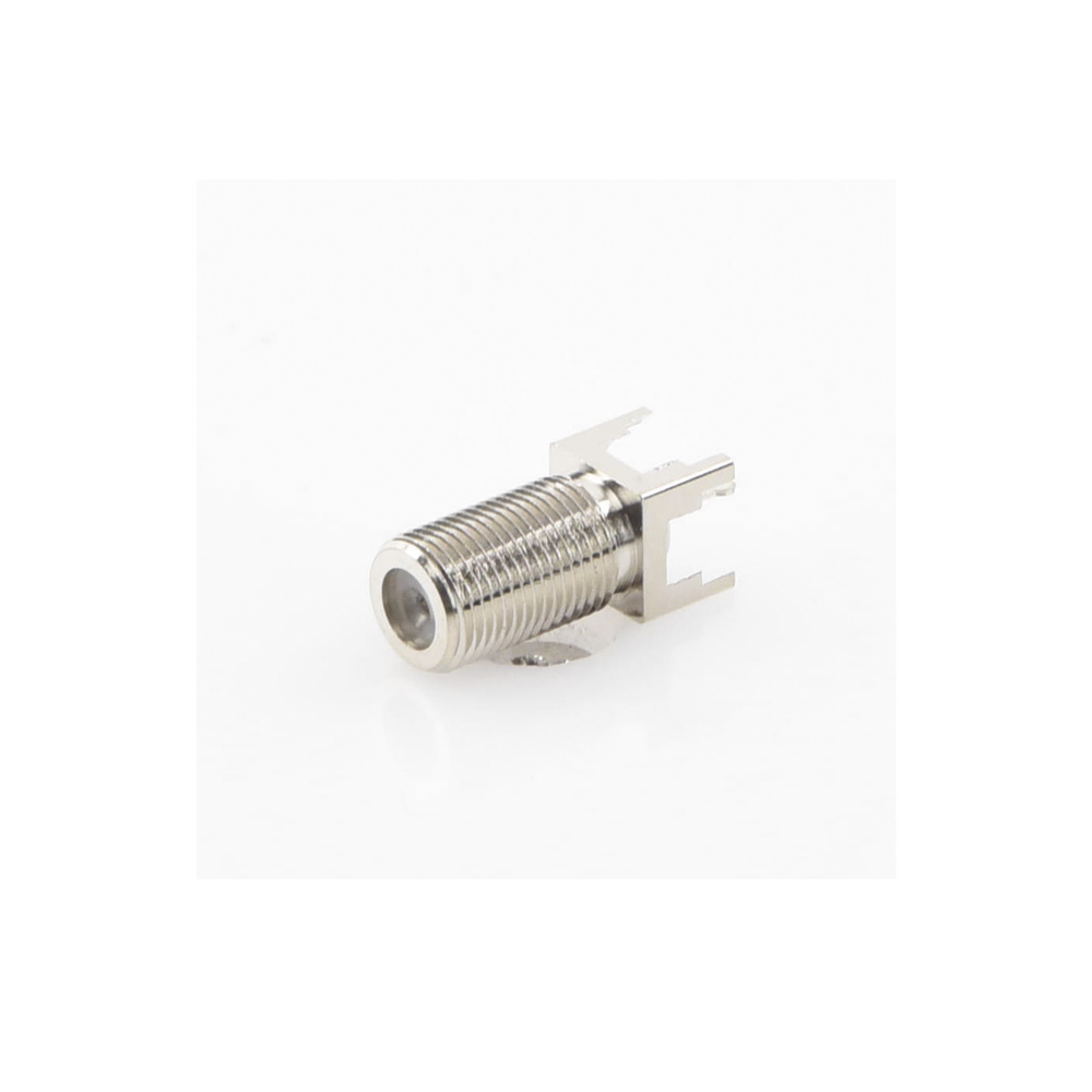 F Female Connector for Vertical PCB Mount, Nickel/Tin/Polyethylene.